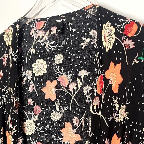 Torrid Multi Color Floral Fringe Open Front Long Sleeve Duster Kimono 1 1X 14/16 - Picture 6 of 9